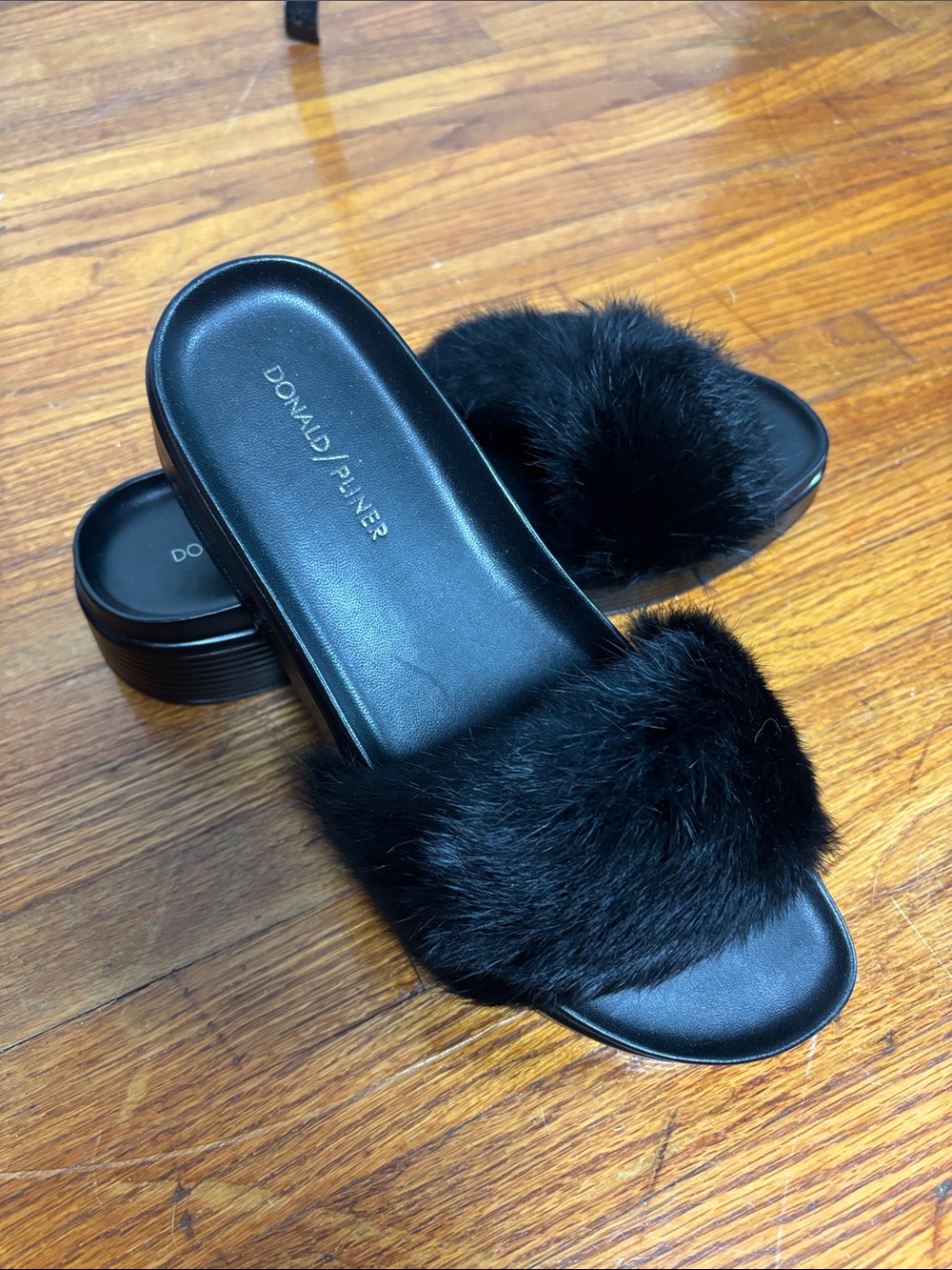 Donald J. Pliner Black Faux Fur Slide Sandals